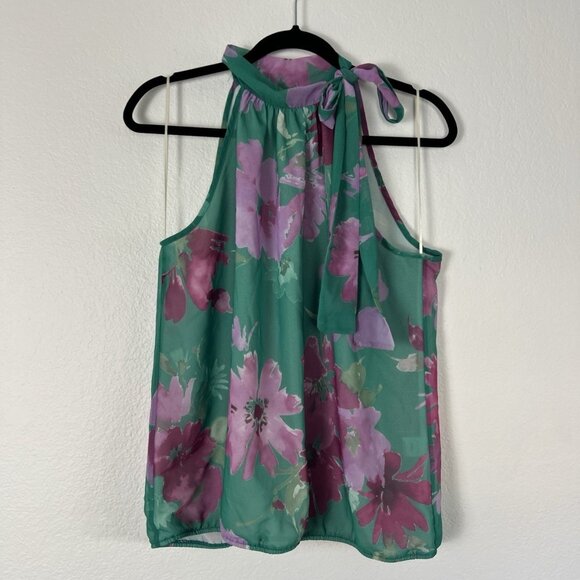 Sweet Pea Womens XL Teal/ Purple Floral Sleeveless Tie Scarf Mockneck Blouse - Picture 1 of 8